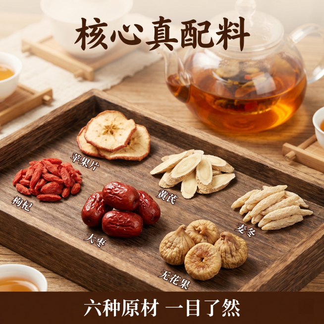 [主图 2] 草本苹果黄芪水核心配料展示。[氛围风格] 中式复古茶杯国风，自然通透养生氛围；[画质] 商业摄影质感、光线柔和通透、产品清晰真实、画面干净高级。[元素] 整张图片以真实的六种配料为主体：预览效果