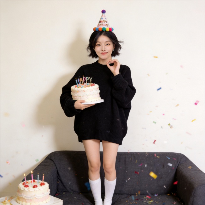 生成居家生日氛围感写真，仅保留参考图1人物脸型、五官、年龄等特征，忽略参考图原有发型配饰，电影质感，高通透氛围感，复古暖调，温暖柔和自然光；清透自然皮肤，真实纹理，自然短发，慵懒翘翘头；站立在沙发旁，预览效果