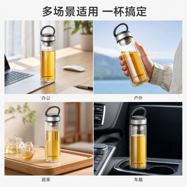 [主图-4] 富光玻璃杯多场景适用展示
[氛围风格] 生活化场景代入，干净自然
[画质] 商业摄影质感、光线柔和通透、产品清晰真实、画面干净高级
[元素] 四宫格展示四个适用场景：左上办公室桌面放置、预览效果