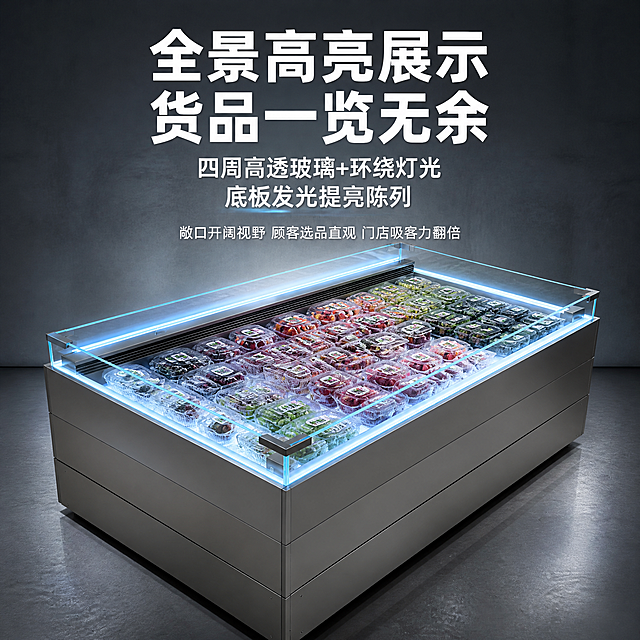 电商主图2，视觉展示核心卖点，全景高亮展示主题。
[氛围风格] 工业风商用质感，高亮通透的展示效果，突出玻璃与灯光的视觉冲击力。
[画质] 商业摄影质感，高通透度，玻璃清晰无反光干扰，产品细节锐利。
[元素] 画面主体为卧式敞口冷藏柜，重点展示四周高透玻璃和环绕灯光效果，柜内底板发光，干果鲜果包装盒被均匀照亮，货品色泽鲜艳清晰。柜体采用俯视+正面结合的角度，最大化展示敞口开阔视野。背景为简洁的深灰色渐变工业风背景，突出产品本身。保持冷藏柜外观结构、材质、颜色与输入产品图完全一致。商品主体占比约65%。
[光影] 顶部环绕灯光为主光源，柜内底板发光为辅助光，形成内外双层照明效果；不锈钢边缘有锐利高光，玻璃通透有轻微环境反射，整体光线干净利落，突出高亮展示的卖点。
[配色] 主色调：深灰工业风背景+不锈钢银灰；辅助色：冷白灯光+浅蓝灯带；强调色：白色主标题文字。整体冷灰科技感色系。
[视角构图] 微俯视45度角，柜体居中，视野开阔，突出敞口和全景展示的视觉优势。
[文字版式] 核心标题放在视觉居中位置，居中对齐。主标题大字粗体白色："全景高亮展示 货品一览无余"；下方辅文两行白色中号字："四周高透玻璃+环绕灯光""底板发光提亮陈列"；底部小字一行浅灰色："敞口开阔视野 顾客选品直观 门店吸客力翻倍"。文字层级分明，主标题最大最醒目。
[输出要求] 1:1比例，文字清晰可辨，超高清商业摄影质感。
[负向提示词] 变形，文字错乱，产品图模糊，背景杂乱，水印，电商平台Logo，多余的手，畸形手。