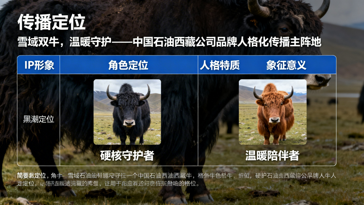PPT内页设计，标题文字"传播定位"，顶部放核心定位句"雪域双牛，温暖守护——中国石油西藏公司品牌人格化传播主阵地"，中部展示双IP人格定位表格，包含IP形象、角色定位、人格特质、象征意义内容，黑潮牦预览效果