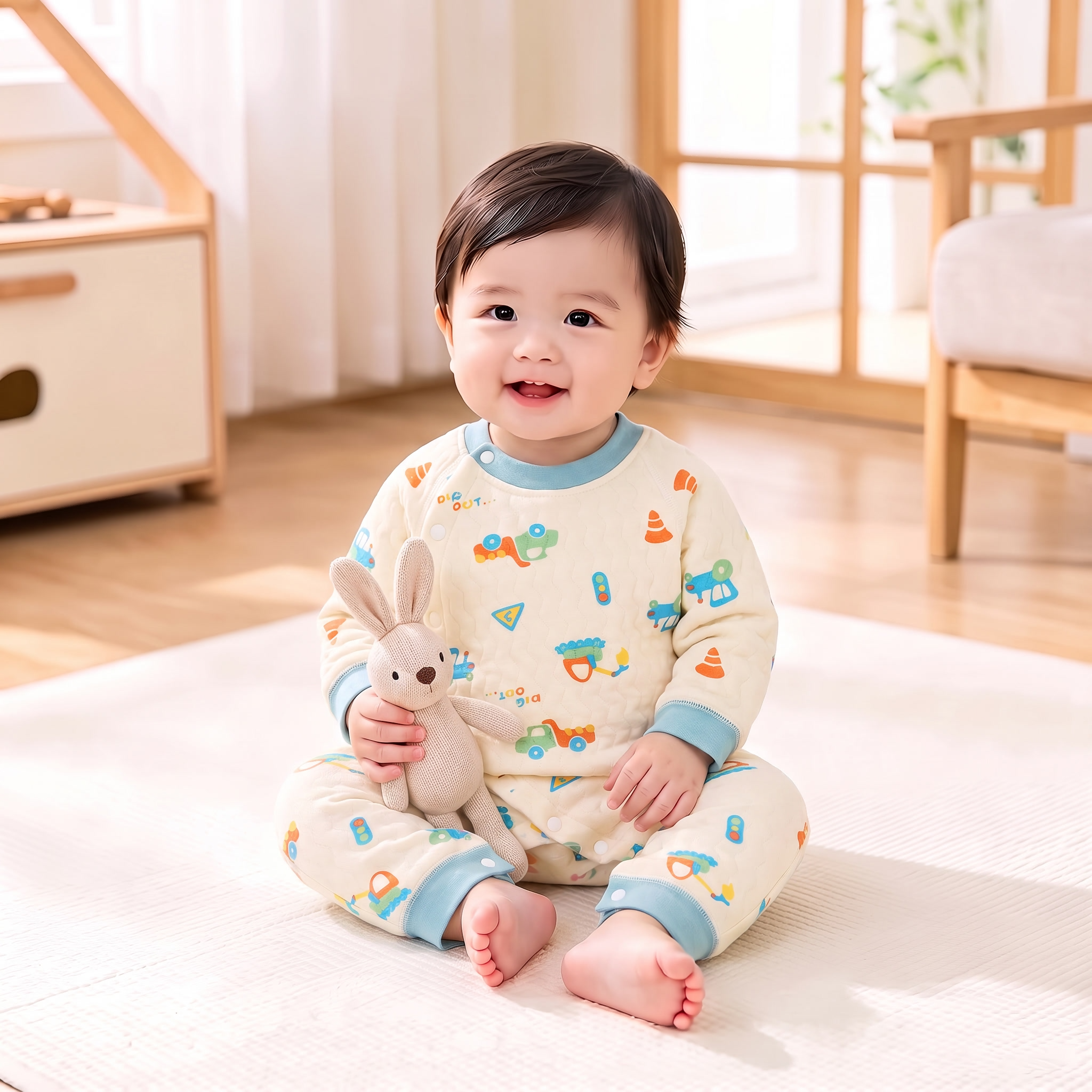 请将参考图1的【婴儿连体衣】1:1还原其款式、颜色、材质、剪裁… - 图片创意预览