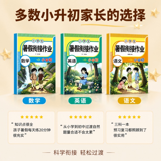 [主图] 小升初衔接作业家长口碑信任主图
[氛围风格] 专业可信，口碑推荐风格
[画质] 商业摄影质感，光线柔和通透，产品清晰真实，画面干净高级
[元素] 产品套装居中展示，书本外观与原图完全一致无变预览效果