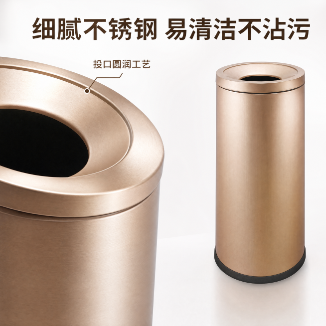 使用电商主图技能生成6张比例1:1的电商主图，适配平台为淘宝/天猫，商品为「图片1」「图片1」「图片1」「图片1」，商品卖点为大容量50L圆形直投垃圾桶，其他要求为不锈钢材质易清洁，直径380mm，高预览效果