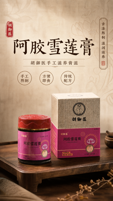 简约古朴大气风格的电商产品海报，主标题为"阿胶雪莲膏"，副标题为"胡御医手工滋养膏滋"，装饰文字为"古法熬制 温润滋养"，卖点为"手工熬制"、"方便即食"、"传统配方"。产品为阿胶雪莲膏，包含瓶装和盒预览效果