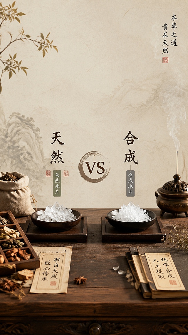 中式古风收尾配图，天然冰片和合成冰片对比的场景，放在古朴的木质药桌上，搭配中药材和线香，突出天然vs合成的主题，留白充足，适合做结尾图