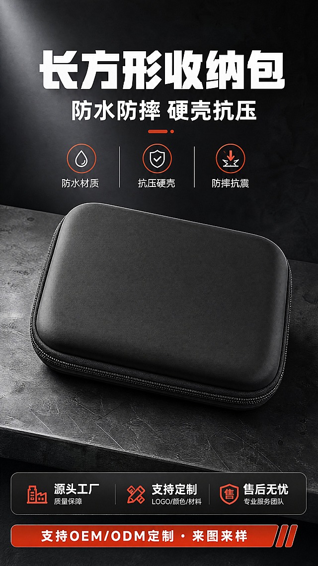 [商品] 使用【图1】黑色光面长方形EVA收纳包；保留产品长方形圆角轮廓、光面PU材质、黑色拉链、整体比例和结构；增强产品质感，拉链和缝线清晰，不改变形状和细节，不虚化图片。
[画面] 目标：头图海报，突出产品硬壳收纳与防水防摔核心卖点。产品海报型构图，产品主体位于画面中下部，占画面约60%，微仰视角度，产品放置在深灰色工业风台面上，背景为渐变深灰到黑色的工业质感背景，左上角有光线打亮产品轮廓，营造专业品质感。顶部为标题区，底部为信息条。
[视觉] 套系策略：风格=1688工业风商业摄影，专业硬朗；标题字=粗黑体，厚重有力；正文字=简洁黑体；主色=炭黑+深灰；背景延展=基于炭黑做深浅渐变、工业金属质感、哑光台面；强调色=橙红色，仅用于小面积标签、图标和重点文字高亮；标题色=白色；正文色=浅灰色；组件=深色信息条、细线引线、圆角标签卡；光影=左前侧硬光，突出产品立体感和材质质感。
[文字] 顶部主标题"长方形收纳包"，副标题"防水防摔 硬壳抗压"，底部信息条标注"支持OEM/ODM定制 · 来图来样"，文字均为横排，不遮挡产品主体。
[规格] 图片比例9:16竖版，4K，负向提示：避免产品变形、形状改变、细节虚化、模糊、颜色偏差、文字竖排、文字过小不可读、白底浅灰背景、卡通风格。