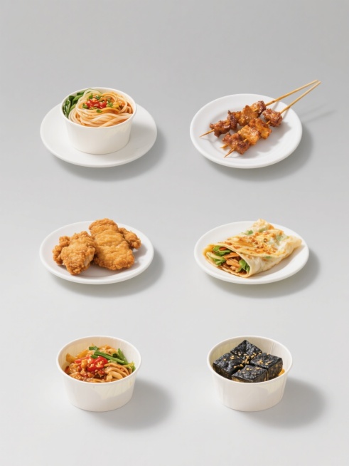 6个街边小吃以规整网格状排布，包含凉皮、烤串、麻辣烫、炸鸡排、煎饼果子、臭豆腐，每个小吃独立置于简约白色瓷盘或纸杯中，食物色彩鲜亮饱满，食材细节清晰可见，整体采用纯色浅灰色背景，风格简约现代，无文字、无logo、无水印，画面干净整洁，突出食物主体，光影柔和自然，具有清晰的视觉层级和信息传达效率。预览效果