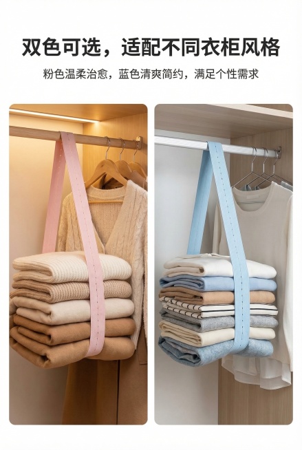 2:3 竖版电商详情图，严格还原上传的产品图，粉色与蓝色绑带并排悬挂在浅木色衣柜中，背景为不同风格的衣柜（粉色绑带搭配温馨原木风，蓝色绑带搭配简约现代风）。主标题：“双色可选，适配不同衣柜风格”（加粗预览效果