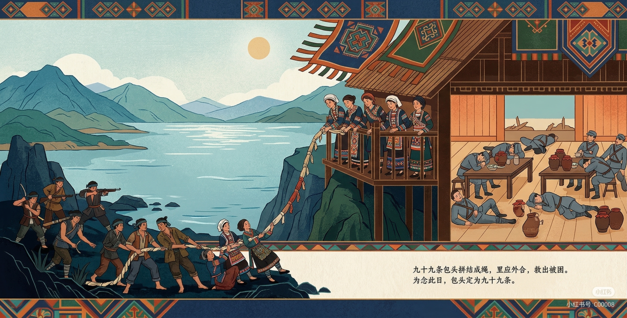 扁平风格绘本插画，场景在糯弄糯谢湖边，即洱海与滇池区域，拉祜族人撤退到此，强壮男子返回营救被困妇女，里应外合，寨内妇女用酒灌醉官兵，外面男子将九十九条包头拼接在一起作为绳索放下救出妇女，为纪念此次突围预览效果