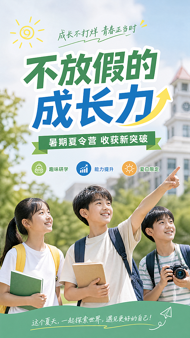 青春活力研学风夏令营活动海报，写实商业摄影风格，版式精美。主标题"不放假的成长力"，副标题"暑期夏令营 收获新突破"，装饰文案"成长不打烊 青春正当时"，卖点"趣味研学""能力提升""夏日限定"。背景采用干净清新的户外校园研学场景，浅景深虚化，居中主标题设计，文字清晰可读，构图精简整洁，层次分明，留白适当，整体氛围积极阳光充满青春气息，所有元素合规无版权风险
