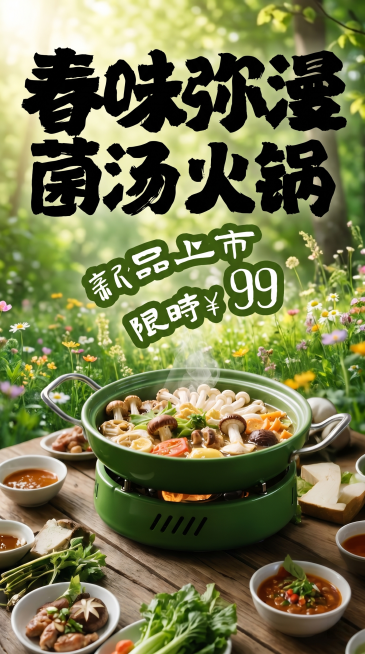 将四张图片融合，制作一张春味弥漫菌汤火锅新品上市的宣传海报，新品限时99元。户外木质餐桌背景，摆放绿色汤锅的菌汤火锅，加上黑色大字'春味弥漫 菌汤火锅'和绿色字体'新品上市 限时¥99'，整体自然清新预览效果