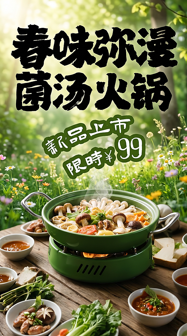 将四张图片融合，制作一张春味弥漫菌汤火锅新品上市的宣传海报，新品限时99元。户外木质餐桌背景，摆放绿色汤锅的菌汤火锅，加上黑色大字'春味弥漫 菌汤火锅'和绿色字体'新品上市 限时¥99'，整体自然清新，春季美食氛围，清晰美观