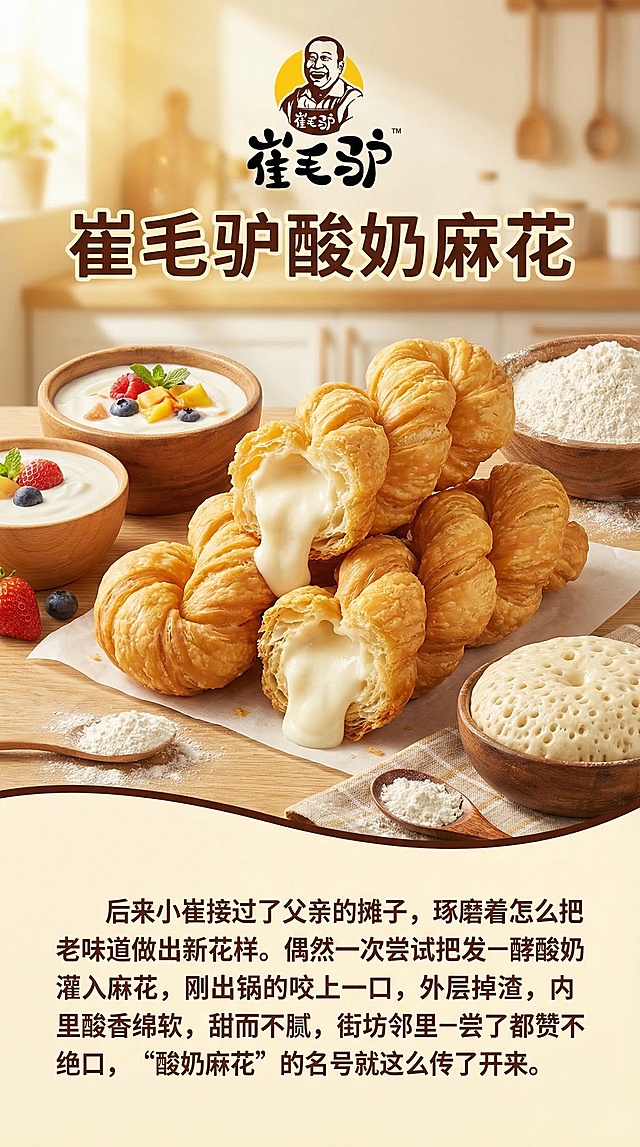 崔毛驴酸奶麻花店铺装修海报，顶部放置给定的崔毛驴logo，明亮活泼的美食风格，画面主体是金黄酥脆的酸奶麻花特写，酸奶内馅流出，搭配手工熬制酸奶、老面发酵的食材元素，下方搭配品牌故事文案："后来小崔接过了父亲的摊子，琢磨着怎么把老味道做出新花样。偶然一次尝试把发酵酸奶灌入麻花，刚出锅的咬上一口，外层掉渣，内里酸香绵软，甜而不腻，街坊邻里尝了都赞不绝口，“酸奶麻花”的名号就这么传了开来。"，色彩鲜亮有食欲，文字清晰易读