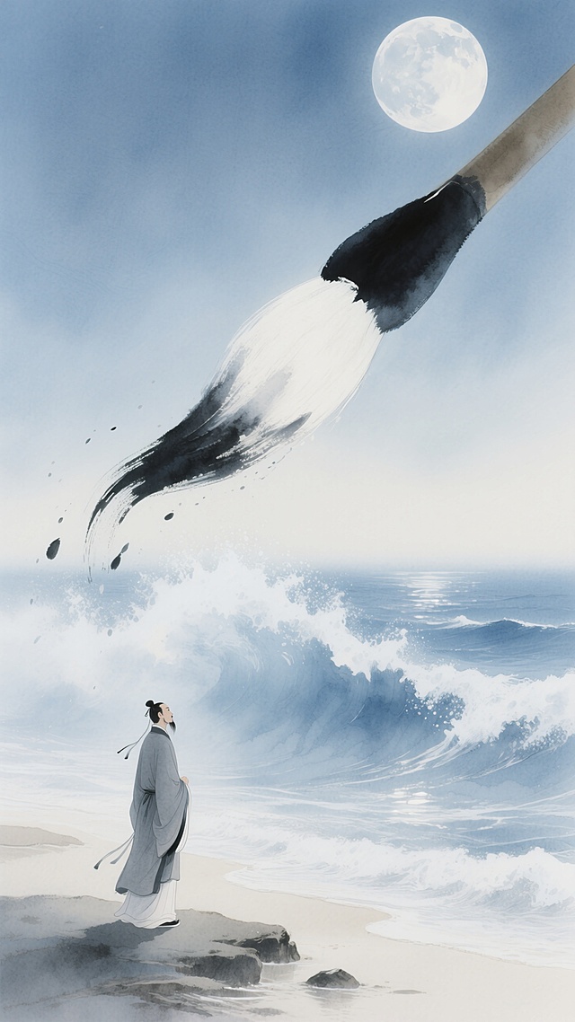 有巨型毛笔挥毫泼墨，一轮明月悬于天际，一位身着传统长袍的文人站在岸边上，翻涌的巨大浪花，蓝色和白色调为主