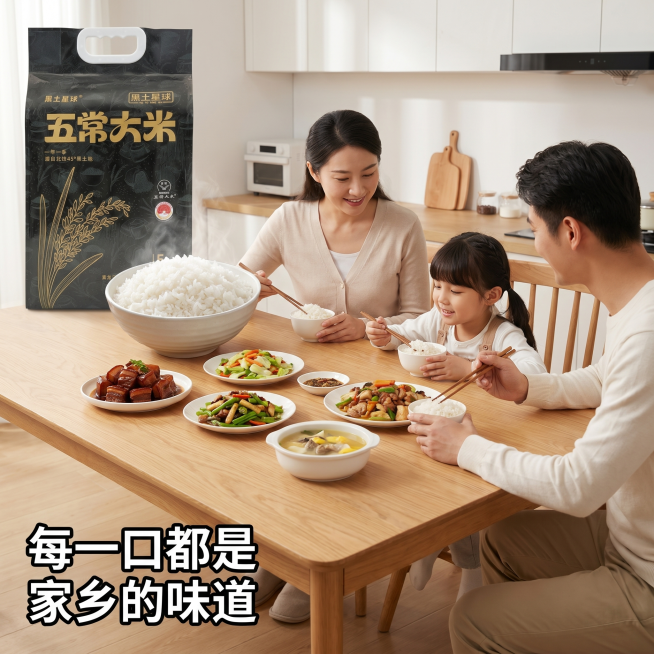 [主图 7] 五常大米家常用餐场景展示。
[氛围风格] 黑金色调，温馨生活，真实代入感。
[画质] 商业摄影质感、光线柔和通透、产品清晰真实、画面干净高级。
[元素] 家人围坐在餐桌旁，桌上摆放着五常预览效果