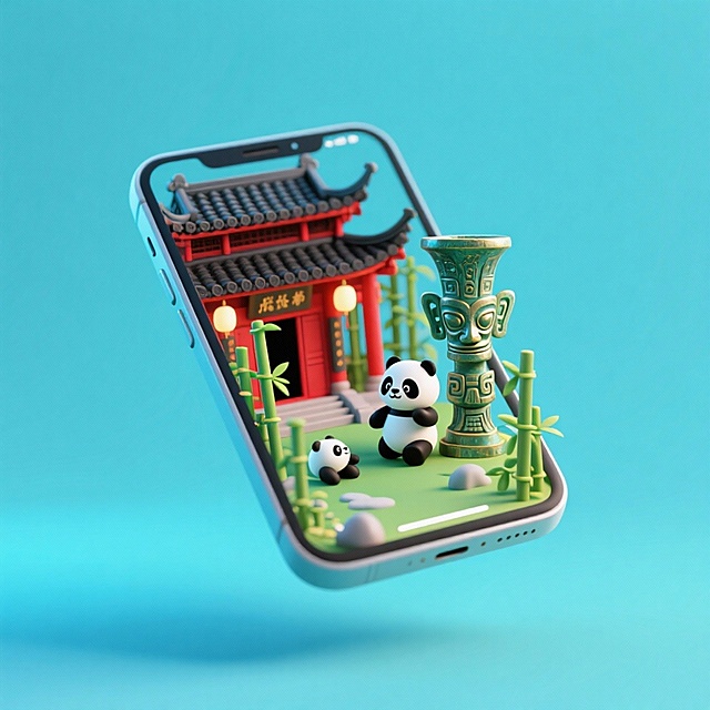 一个手机创意微缩场景，手机平放，侧面对着观众，手机俯视角度，立体的成都景观从屏幕内出来，有熊猫，三星堆，武侯祠，整体色调立体魔幻。青色背景。具有梦幻感,打光营造出柔和氛围强调梦幻和未来感的美学。