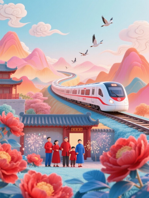 画面核心是白色列车（饰红纹、标识）沿蜿蜒轨道穿行，上方点缀几个大雁，背景衬层叠山峦（粉橙渐变）、传统建筑与祥云；前景以几大朵红花、蓝叶铺底，下方是返乡家庭（着红 / 蓝服饰）团聚于门前景致前，点缀烟花预览效果
