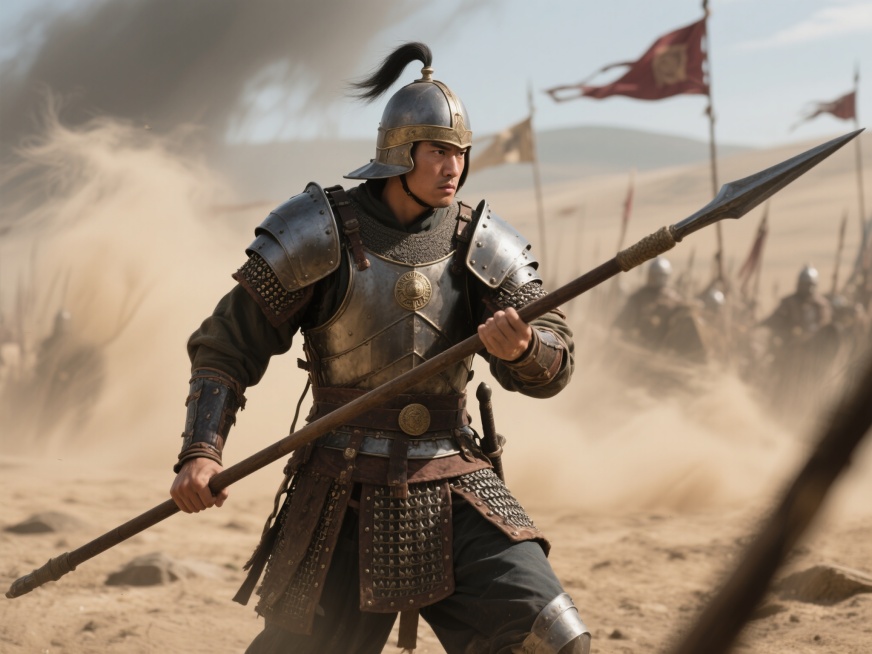 一位身着古代盔甲的士兵，手持长矛站立，眼神警惕，身体微微前倾，处于待机状态，紧张地注视着前方，仿佛随时准备应对敌人的出现，背景为战场环境，有风沙和旗帜预览效果