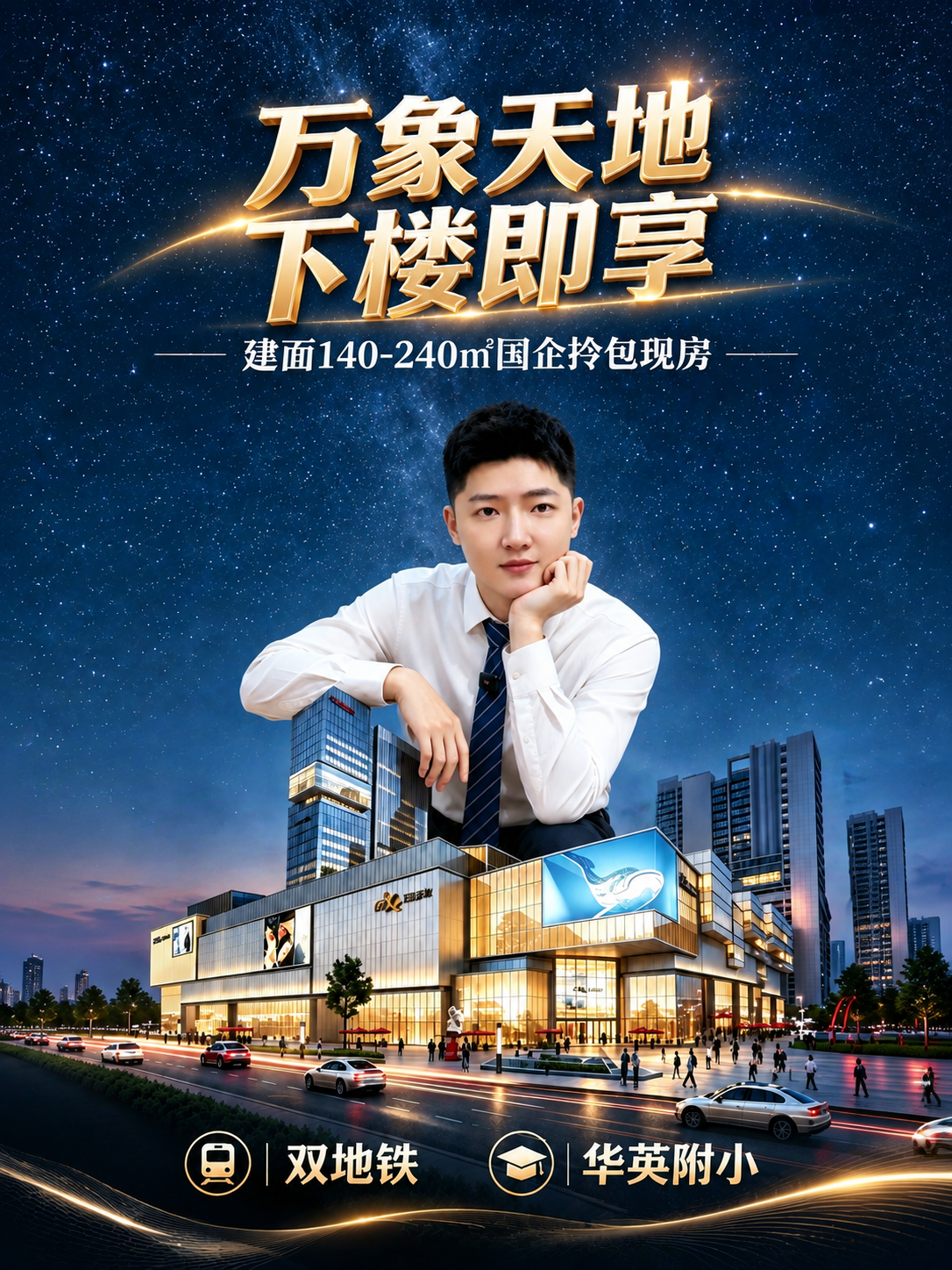 将这张房产宣传封面图调整为3:4竖版比例，要求：1. 人物、建… - 图片创意预览