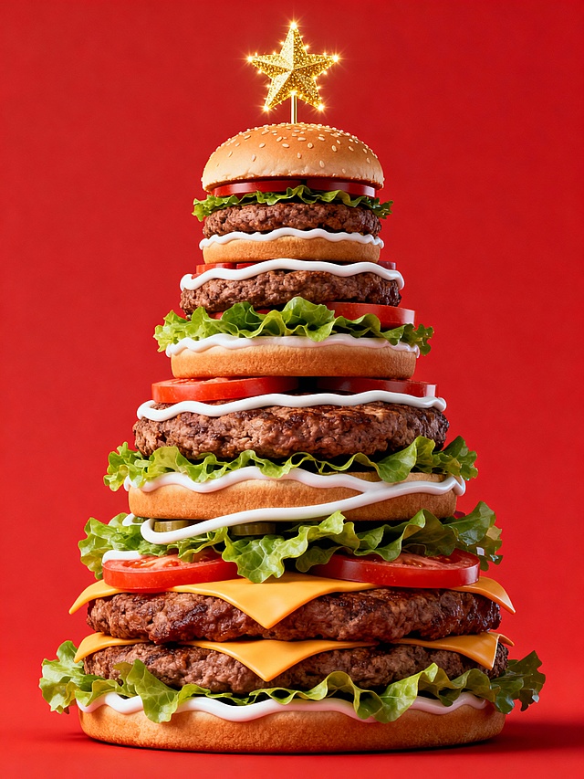 3D重拟物风汉堡圣诞树，波普艺术色彩碰撞，金属质感星顶点缀，塑料感光泽强化喜庆趣味，节日氛围爆棚。