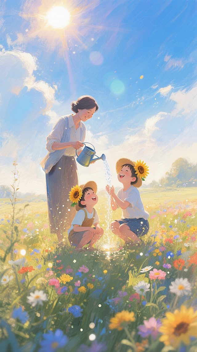 史诗级广角镜头，梦幻奇幻风格。巨大美丽的蓝色渐变天空，带有柔和的白云和太阳光束。下方，在色彩缤纷的野花花海中，一位和蔼的老师正用浇花壶向两个欢快的孩子（戴着可爱的向日葵帽子）浇水。孩子们蹲着，向上看，开心地笑着。温暖的黄金时刻光线，柔焦，超多细节，营造出极其温馨宁静的氛围。