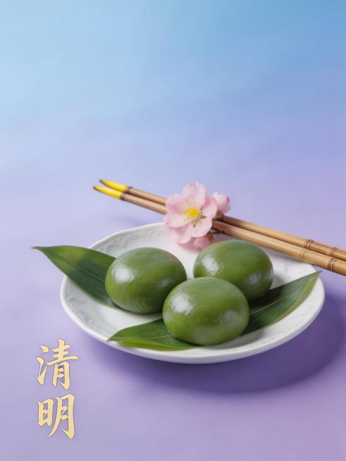 竖版构图，整体色调为蓝紫色系，营造柔和、诗意氛围。画面以淡蓝紫渐变天空为背景，似被薄纱轻覆，透着朦胧感。画面中心位置，摆放着一盘精致的青团，青团圆润饱满，色泽鲜绿，表面泛着诱人光泽，仿佛刚从蒸笼中取出预览效果