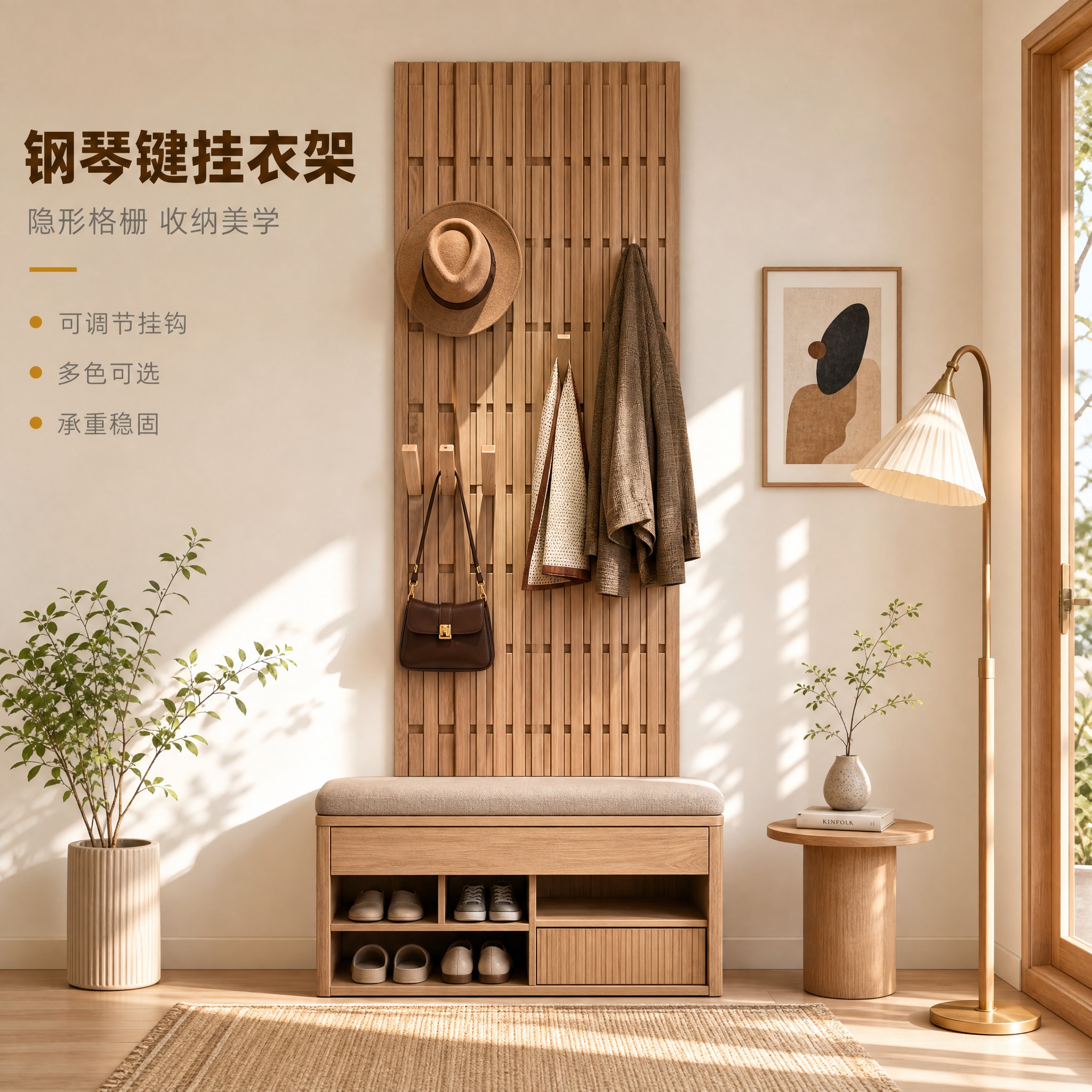 [主图-1] 玄关空间场景与氛围主图，展示钢琴键挂衣架在现代简… - 图片创意预览
