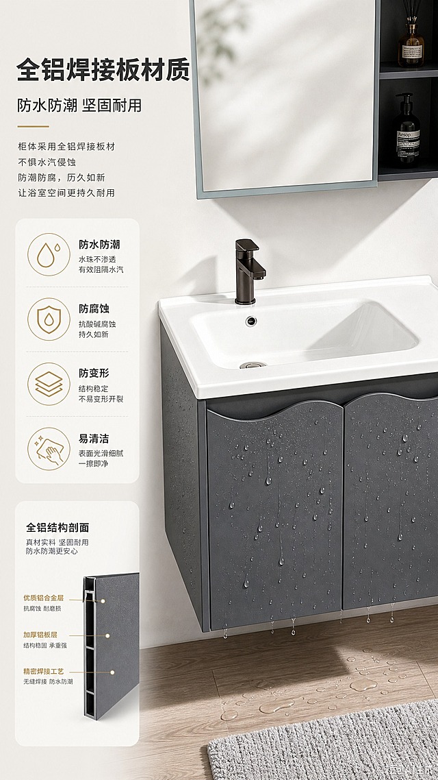 [商品] 使用【图4】深灰色全铝浴室柜柜体特写；保留深灰色全铝柜体材质、双门波浪形拉手设计、陶瓷一体盆、深灰色镜柜局部；突出全铝焊接板的金属质感与厚度。
[画面] 目标：第4张材质证明页，展示全铝材质的防水防潮防腐蚀性能。构图：左文右图，左侧约2/5为文案+材质说明区，右侧约3/5为浴室柜俯视场景图。主体：深灰色浴室柜安装在白色墙面+木地板卫浴空间，产品占画面约50%。演示：水珠洒在柜体表面形成水珠滚落效果，示意防水易清洁；旁置材质剖面小图标示意全铝结构。景别：中景俯视，展示台面与柜体正面。
[视觉] 套系策略：风格=现代轻奢简约商业摄影风；标题字=思源黑体粗体；正文字=思源黑体常规体；主色=高级灰+米白；背景延展=基于米白/浅灰做深浅层级、同色渐变和细腻石材/木纹质感；强调色=香槟金，仅用于小面积图标、引线、标签；标题色=深炭灰；正文色=中暖灰；组件=圆角浅底信息卡、水滴图标、盾牌图标；光影=顶部自然光，柔和均匀，水珠有高光反射。
[文字] 左侧主标题"全铝焊接板材质"（7字），副标题"防水防潮 坚固耐用"（8字）。下方4个卖点图标+文字："防水防潮""防腐蚀""防变形""易清洁"。每个卖点配对应小图标，横排或竖排整齐排列，手机端清晰可读。
[规格] 图片比例9:16竖版，4K，负向提示：避免变形、错字、文字过小、产品颜色改变、材质失真、极限词、水印。