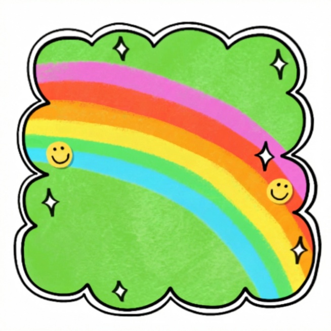 去掉图中所有英文字母，保留原有的绿色云朵形状、黑色外轮廓、彩虹斜条纹、星星装饰和黄色笑脸贴纸，保持整体风格不变预览效果