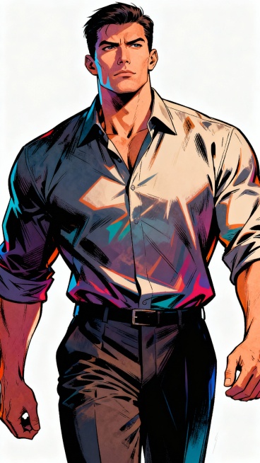 彩色漫画，三十出头的男人，185的身高，肩膀厚实，穿着一件质感挺括的衬衫，西裤笔挺。他面容是那种刀削斧凿般的刚毅，眉骨高，鼻梁挺，薄唇，下颌线转斩锐利，不笑的时候，浑身散发着“生人勿近”和“我很严肃”预览效果