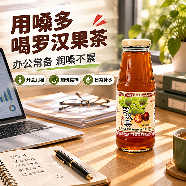 [主图-4] 办公场景图，任务：展示用嗓过度人群饮用场景，强化刚需联想。
[统一基调] 拼多多接地气食品主图风格；暖棕+橄榄绿主色调，朱红色强调色；粗黑体大标题，深棕色标题字，深灰辅助字；圆角白底信息卡+胶囊标签+红色价格标；自然暖柔光，食欲感满满。
[画面] 俯视45度角办公桌面场景，产品瓶放在办公桌右侧占30%；旁边有打开的笔记本电脑（显示图表）、文件、眼镜、钢笔、笔记本；午后阳光从窗户斜照入，在桌面形成光影条纹；背景有虚化的绿植和文件夹；整体氛围舒适办公。
[光影质感] 午后窗边暖自然光，柔和侧逆光，桌面有明显光影条纹，瓶身有窗户反光，底部有自然接触阴影。
[配色] 主色暖棕+橄榄绿，强调色朱红，办公桌面浅木色，电脑屏幕冷蓝作小面积对比；整体暖调。
[文字版式] 左上主标题「用嗓多 喝罗汉果茶」，副标题「办公常备 润嗓不累」，下方3个圆角卖点卡「开会润喉」「加班提神」「日常补水」；全部横排，放在桌面负空间，不遮挡产品。
[输出要求] 比例1:1，2048×2048，2K分辨率；场景真实自然，产品融入不悬浮；避免变形、错字、场景杂乱、冷蓝主调、平台Logo。