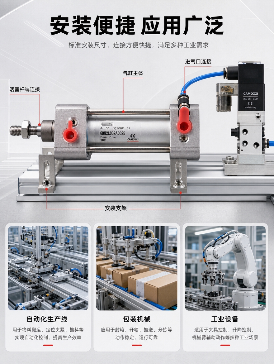 [详情页-4] 安装使用场景 气缸安装连接方式与工业应用场景展… - 图片创意预览