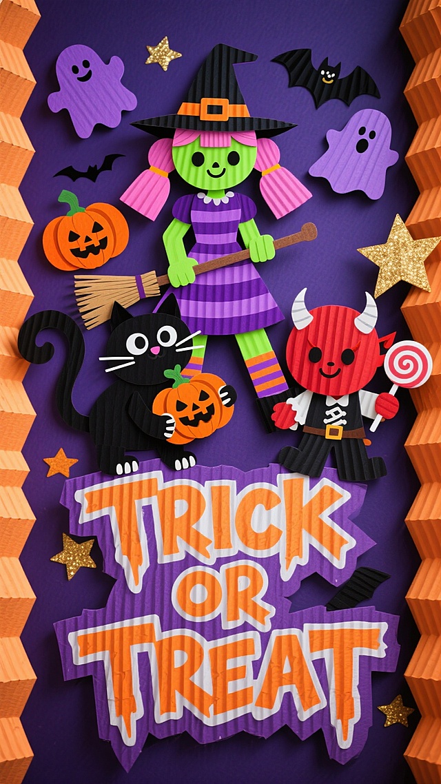 画面核心是多个卡通形象：戴着南瓜帽的女巫（粉色头发扎双马尾，穿着紫色条纹连衣裙，手持魔法扫帚）、圆滚滚的黑猫（眼睛，尾巴卷曲，爪子抱着南瓜灯）、穿着海盗服的小恶魔（红色皮肤，头上有小角，手持棒棒糖），它们围绕着中央的“TRICK OR TREAT”文字（字体为涂鸦风格，橙色带白色阴影，位于画面中下方）。背景点缀漂浮的紫色幽灵、橙色南瓜、黑色蝙蝠和金色星星，整体色调以深紫色为主，搭配荧光绿、橙色和黑色，光影为从画面两侧投射的暖光，材质有光滑的塑料质感和毛茸茸的毛发质感，营造出热闹欢快的节日氛围。