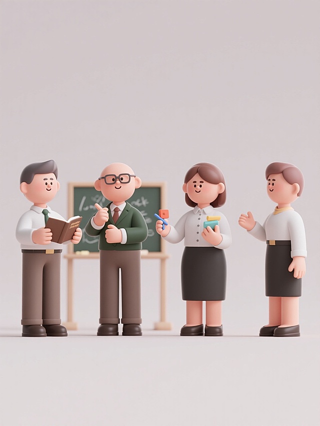 四个3D卡通风格老师形象规整排布于纯色背景之上，保持简约现代的整体造型。其中包含不同性别的老师，各自展现不同的教学动作姿态，如手持书本指点、板书书写、展示教具、亲切交流等。人物延续原图的3D渲染质感，表面平滑略带光泽，色彩搭配柔和协调，线条简洁流畅，无任何文字、logo及水印元素。