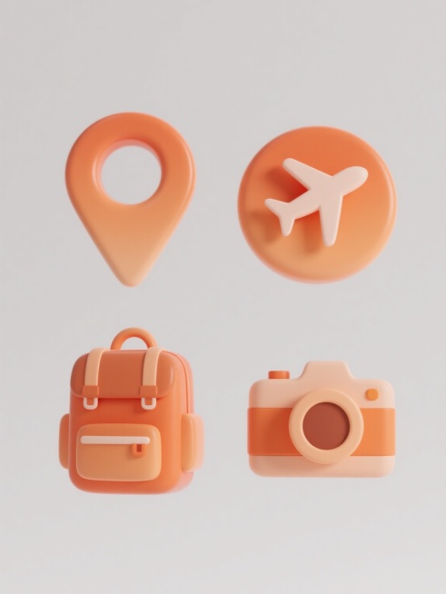 4个完全不同的旅行元素图标集合，保持3D立体风格、光滑圆润的曲面造型、统一的橙色渐变色调、柔和的高光与阴影表现，元素包括地图、背包、飞机、相机，每个图标均为简洁的符号化设计，规整排布在纯白色背景上，整体呈现出简洁现代、友好明快的视觉氛围预览效果