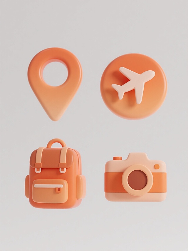 4个完全不同的旅行元素图标集合，保持3D立体风格、光滑圆润的曲面造型、统一的橙色渐变色调、柔和的高光与阴影表现，元素包括地图、背包、飞机、相机，每个图标均为简洁的符号化设计，规整排布在纯白色背景上，整体呈现出简洁现代、友好明快的视觉氛围