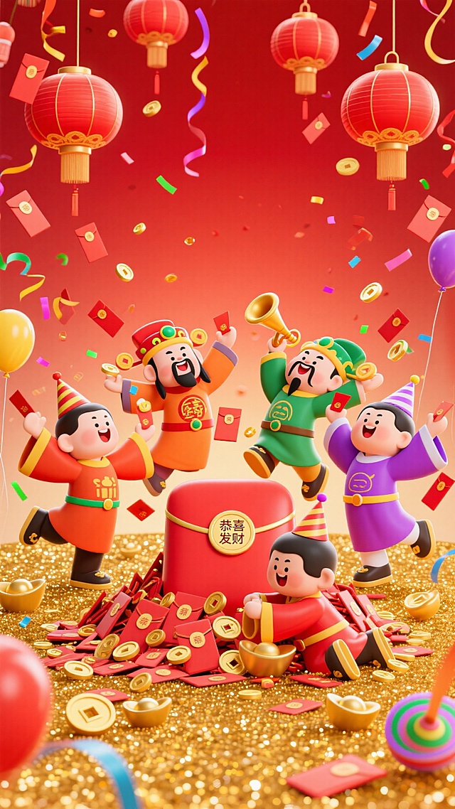 画面以挂满红包的卡通派对为核心，红色灯笼高悬，金色地毯铺地。五位身着红、橙、黄、绿、紫色长袍的Q版财神，正围着中央的巨大红包堆狂欢。

他们有的抛洒派对帽，有的拆红包撒金币，有的吹喇叭欢呼，有的踩着元宝跳舞，还有的在红包堆里开心打滚。四周漂浮着绚丽彩带、旋转元宝和“恭喜发财”气球，背景是铺满金色闪粉的大红渐变，共同构成一场喜庆热烈的财神主题派对。