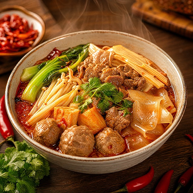 永源长麻辣烫店铺头像设计，写实风格麻辣烫美食摄影，一碗热气腾腾的麻辣烫居中展示，食材丰富有牛肉丸、鱼豆腐、金针菇、青菜、宽粉、豆皮等，红油汤底色泽诱人，冒着热气，旁边点缀香菜和辣椒，暖色调灯光，美食摄影质感，高清细节，无圆形边框，正方形构图，画面干净简洁