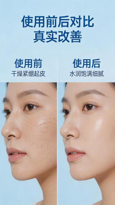 淘宝商品详情页第七屏，用户使用前后效果对比，标题写"使用前后对比 真实改善"，左侧干皮缺水粗糙对比，左侧标注"使用前"干燥紧绷起皮，右侧标注"使用后"水润饱满细腻，对比明显，简约现代商业风格，蓝色调，预览效果