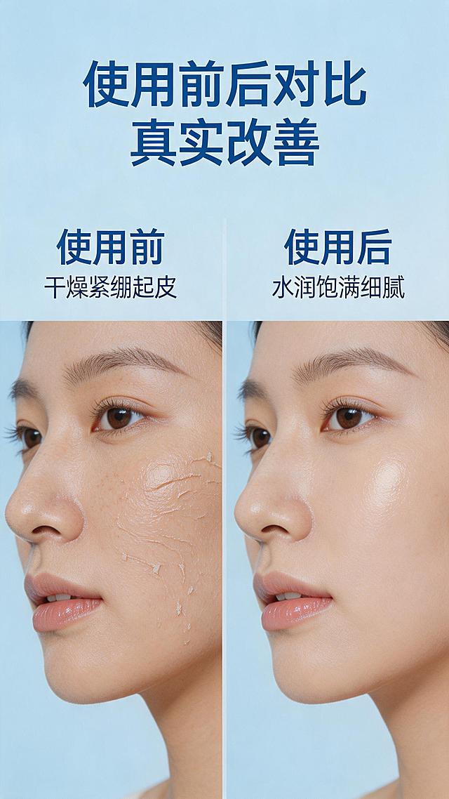 淘宝商品详情页第七屏，用户使用前后效果对比，标题写"使用前后对比 真实改善"，左侧干皮缺水粗糙对比，左侧标注"使用前"干燥紧绷起皮，右侧标注"使用后"水润饱满细腻，对比明显，简约现代商业风格，蓝色调，竖屏构图