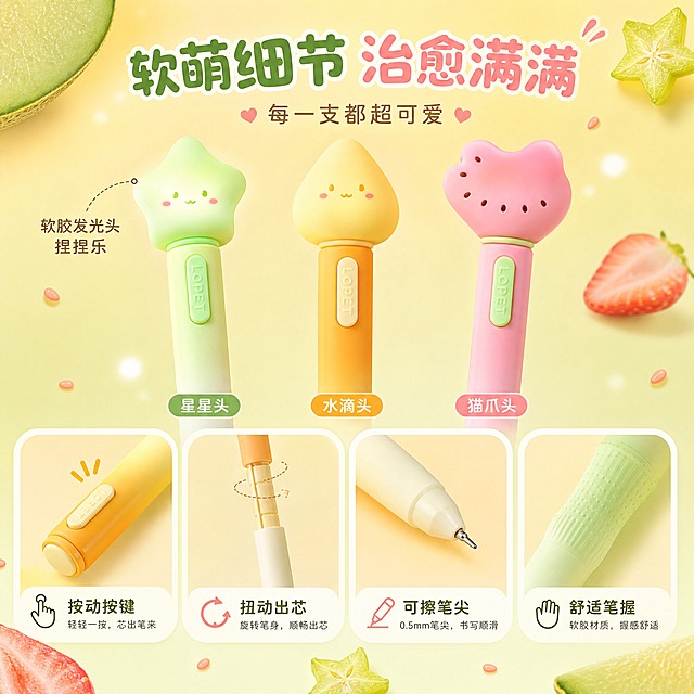 [主图-3] 材质结构与细节，笔身细节+软胶笔头特写。
[统一基调] 水果可爱风马卡龙色调，整体以蜜瓜绿、蜜桃粉、芒果黄为主色，背景为渐变奶油黄+淡绿色，点缀真实水果切片（杨桃、蜜瓜、草莓）和柔和光斑，字体为圆润可爱无衬线字体，标题字色为深绿/深粉，辅助字色为暖棕色，整体童趣治愈、清新甜美，无厚重边框。
[画面] 画面采用上下布局。上半部分展示三支笔的笔头特写并排排列：星星头、水滴头、猫爪头，每个笔头都有软胶质感的可爱表情（小眼睛、小腮红），用细线引出标注"软胶发光头 捏捏乐"。下半部分展示笔身细节：按动按键、扭动出芯结构、笔尖特写、笔握软胶，分别用小图标+文字标注各部位名称。背景是纯净的渐变奶油黄色，点缀几片迷你杨桃切片和草莓籽装饰。产品外观、颜色、结构与输入图完全一致。
[光影质感] 商业棚拍质感，柔和均匀布光，软胶笔头的Q弹质感清晰，笔身塑料哑光质感真实，细节锐利，底部有浅淡阴影。
[配色] 背景渐变奶油黄，产品多彩水果色，标注线深棕色，文字深绿+暖棕。
[文字版式] 画面顶部大标题"软萌细节 治愈满满"，副标题"每一支都超可爱"。细节标注文字："软胶发光头""扭动出芯""舒适笔握""可擦笔尖"，用细线连接对应部位。文字排版精致可爱，留白充足。
[输出要求] 比例1:1，文字清晰，细节锐利，产品结构准确，无变形、错字、模糊、杂乱、水印、平台Logo。