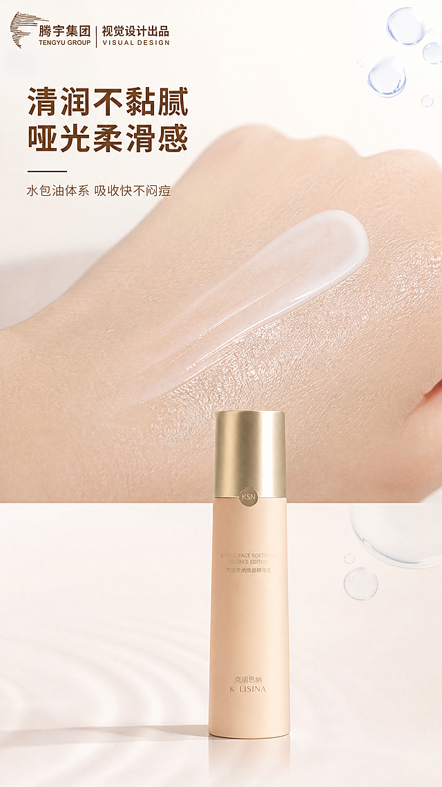 [第2屏] 质地肤感展示，克丽思纳焕颜舒缓精华乳清润质地特写。本屏使用【图1】作为产品参考，展示在手背的质地效果。
[氛围/风格] 微距特写质感，干净清新，真实展示产品质地，商业摄影光影。
[元素布局] 画面上半部分展示精华乳在手背推开的微距特写，淡奶油质地一推化开，呈现哑光柔滑触感，能看到吸收后皮肤的柔焦质感。画面下半部分展示完整产品瓶身，保持产品外观与输入图一致。左上角搭配文字区域，右侧点缀极淡水滴装饰元素，整体画面干净通透。
[光影质感] 顶侧柔和打光，突出膏体细腻质感，手背皮肤纹理自然清晰，产品瓶身阴影柔和，整体画面明亮干净。
[配色色系] 全局底色：#f8f5f3（极浅暖）；主体：瓶身浅暖米色+金色瓶盖+手背自然肤色+淡奶油精华乳；辅助色：浅蓝色水滴装饰+深棕色文字。
[视角构图] 上半部分微距特写，下半部分产品展示，上下构图，主体突出，动线清晰。
[文字版式] 左侧标题“清润不黏腻 哑光柔滑感”加粗深棕色，右侧副标题“水包油体系 吸收快不闷痘”小字浅棕色。文字排版不遮挡特写和产品主体，层级清晰。
[比例分辨率] 9:16竖版比例，4K分辨率，文字清晰可辨，超高清。
[负向提示词] 质地虚假，厚重黏腻，产品变形，颜色偏差，文字错乱，背景杂乱。