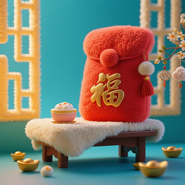 主体：超大号短绒红包（烫金福字 + 立体绒球流苏，填棉饱满），作为核心视觉焦点；点缀：铺着米白短绒的迷你毛绒案几（仅案面毛绒，不夸张），周围散落 3-5 颗迷你毛绒元宝、2 个小毛绒祥云挂件；甜品：1 个迷你毛绒仿真桂花酒酿圆子（小毛绒球 + 细绒糖霜），摆红包旁；场景：背景是局部毛绒装饰的中式窗棂（仅边框裹绒），暖黄主光直射红包，勾勒绒面肌理，点缀光柔和照亮小装饰，整体聚焦主体