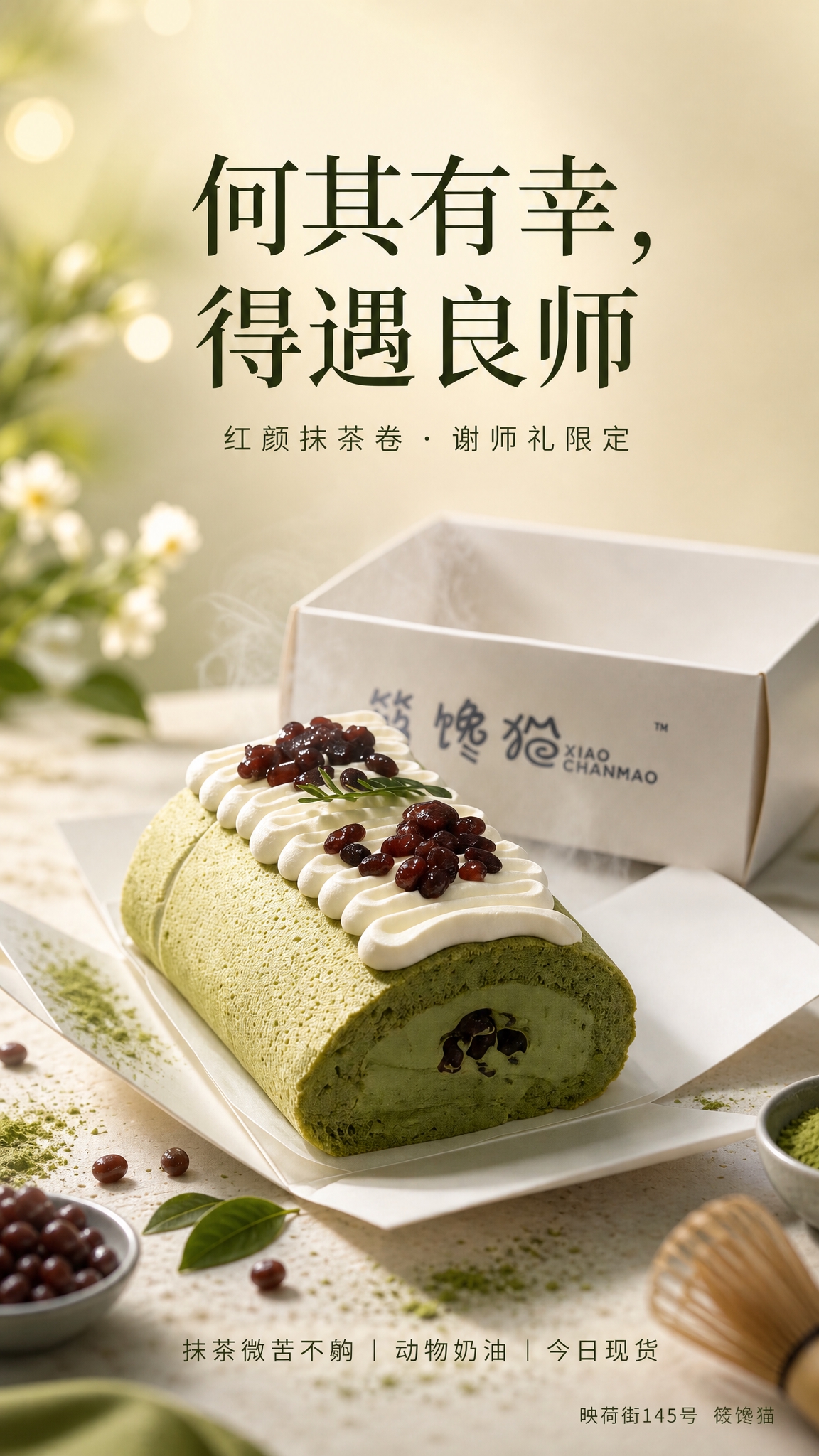 基于上传的抹茶红豆蛋糕卷商品图，制作一张谢师礼主题甜品营销海报… - 图片创意预览