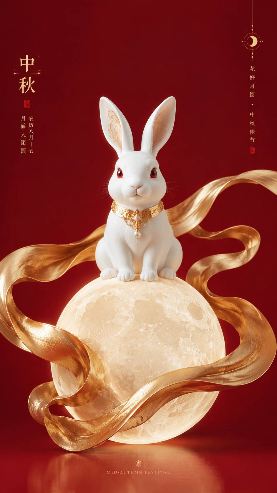 竖版中秋3D渲染海报，主体为灵动白色陶瓷玉兔，红瞳，佩戴金色颈… - 图片创意预览