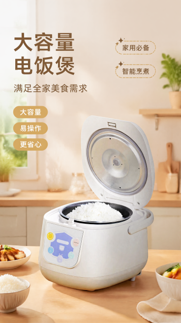 商品营销海报，写实商业摄影风格，简约清新厨房风，主标题文字"大容量电饭煲"，副标题文字"满足全家美食需求"，卖点标签文字"大容量""易操作""更省心"，装饰文字"家用必备""智能烹煮"。电饭煲100%预览效果