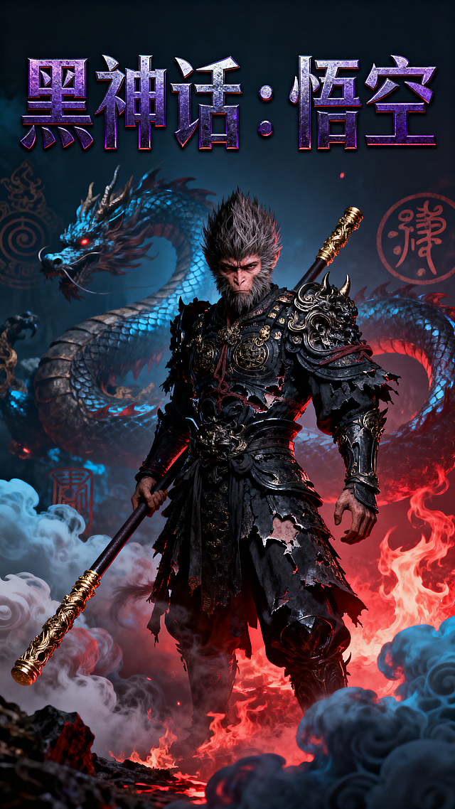 黑神话悟空主题游戏海报，西游记暗黑国风风格，展现大圣孙悟空暗黑战神形象，融合东方奇幻元素，视觉冲击力强，主题明确突出黑神话游戏调性，暗黑国潮设计，构图张力强，适合游戏宣传