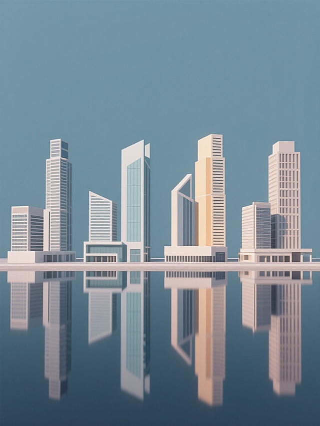 一组四个完全不同形状的现代城市建筑系列素材集合，保持原图像的简约3D建筑模型风格，平滑的材质表现，清晰的线条轮廓，规整的底部排布，水面倒影效果，纯色背景，整体色彩变换为四个不同的色调组合，每个建筑都有独特的几何形态和高度，建筑之间保持适当间距，整体构图平衡对称，呈现出专业的城市建筑群设计感。