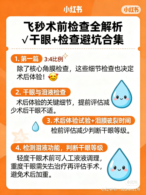 小红书科普图文，3:4比例，医疗清新风格，橙白配色，和第一篇风格区分，标题：飞秒术前检查全解析✅干眼+检查避坑合集，内容板块：1. 开篇：除了核心角膜检查，这些细节检查也决定术后体验！2. 干眼与泪液预览效果